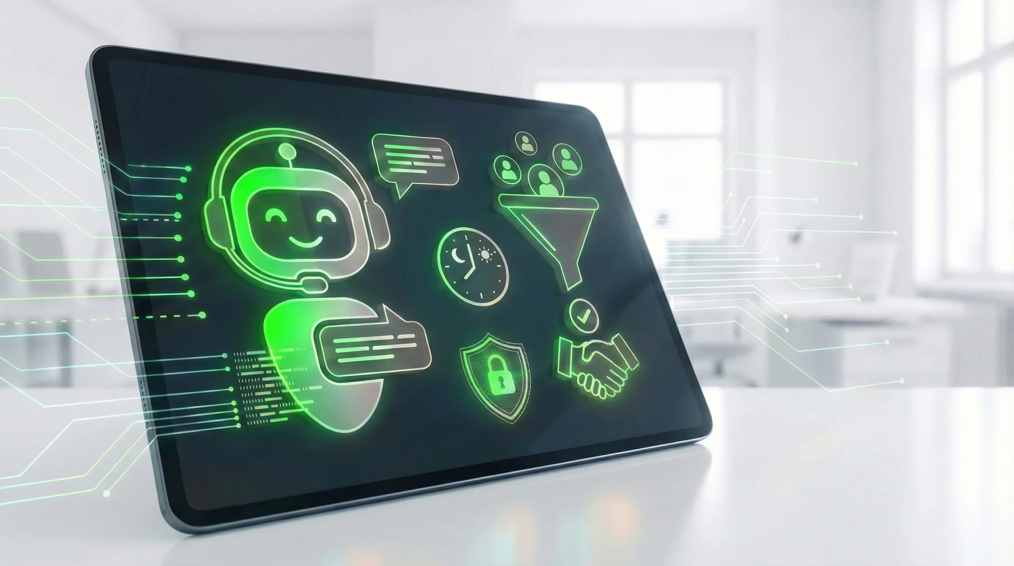 Ein Tablet auf einem Schreibtisch zeigt eine leuchtend grüne Grafik eines KI-Sales Chatbots, verbunden mit Icons für einen Lead Funnel, Sicherheit und einen erfolgreichen Geschäftsabschluss (Handschlag). Die Darstellung symbolisiert die automatisierte Generierung von qualifizierten Inbound Leads über eine B2B Website.