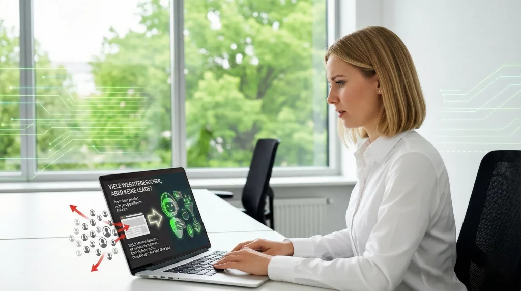 Frau am Laptop betrachtet eine Sales Chatbot Visualisierung zur automatischen Leadgenerierung, um Website Besucher in qualifizierte Anfragen zu verwandeln Bauner.